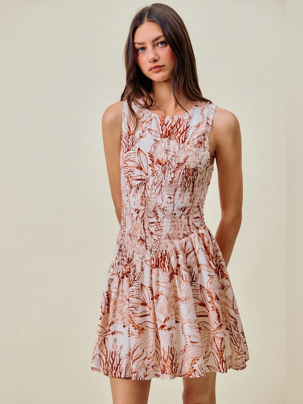 SO ME Shell Print Smocked Fit And Flare Mini Lined Dress